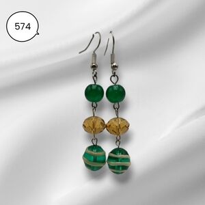 Green Glass Bead & Amber Crystal Dangle Earrings – Handmade Wrapped Drop Jewelry